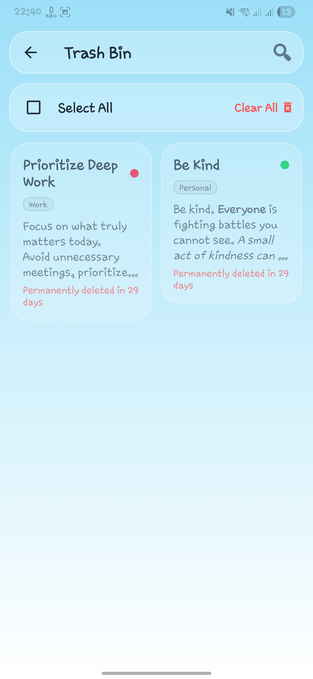 SmartNoteAI trash and recovery screen in the Glacier Blue theme