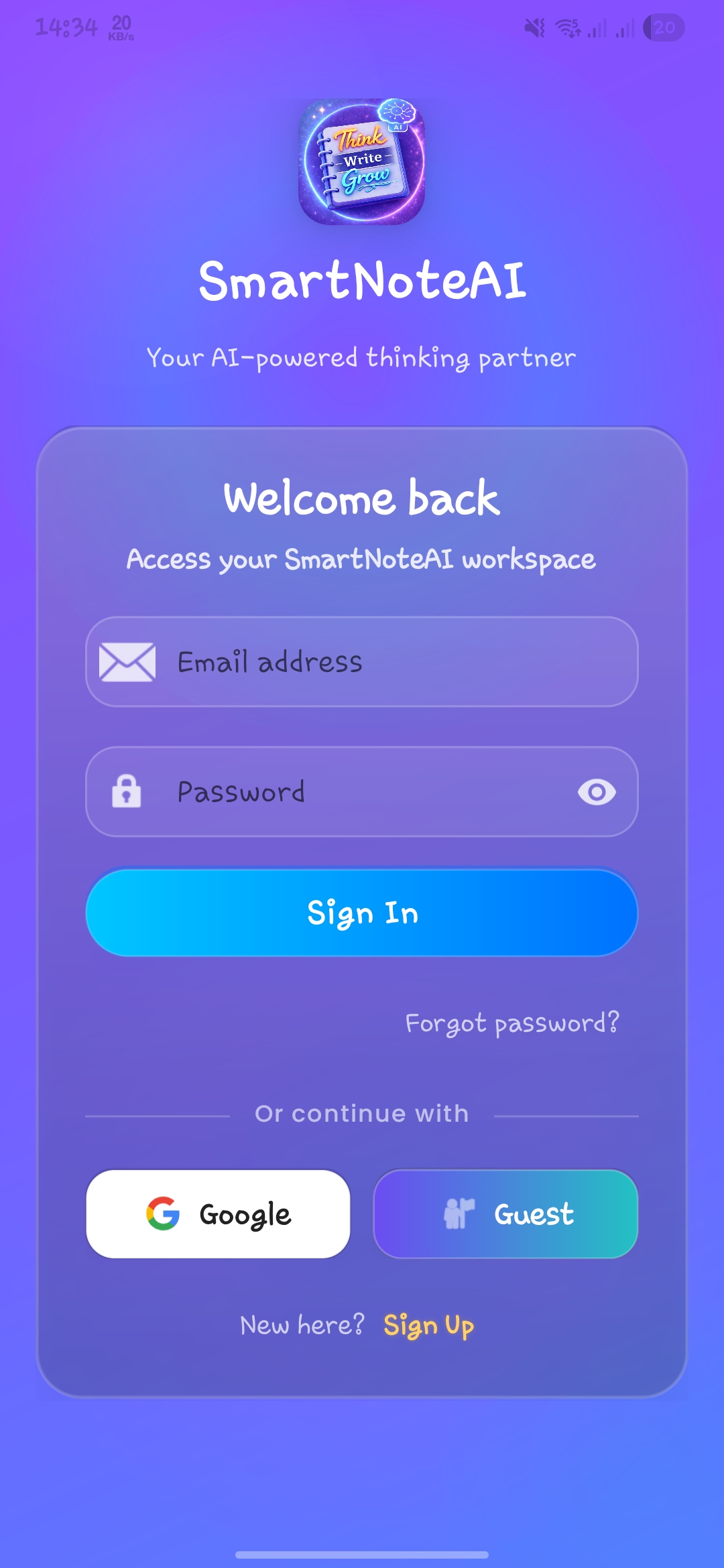 SmartNoteAI login page screen without theme styling